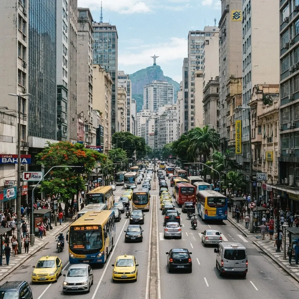 Avenida central de cidade movimentada por veículos e pedestres